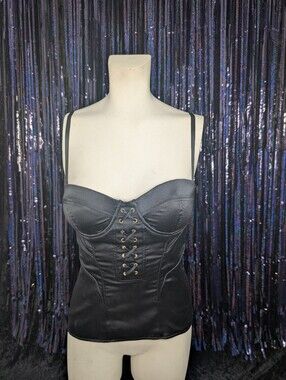 Marciano Black Satin Lace-Up Bustier Tank with Gold Eyelets